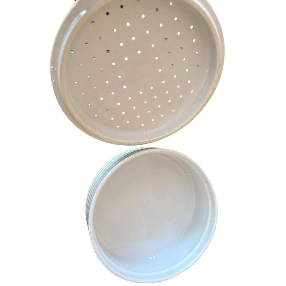 Vintage Crate & Barrel Pancake Warmer - White Ribbed Stoneware Vented Lid Dish